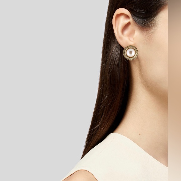 Vintage Christian Dior Faux Pearl Crystal Round Clip On Earrings Signed - Picture 3 of 8